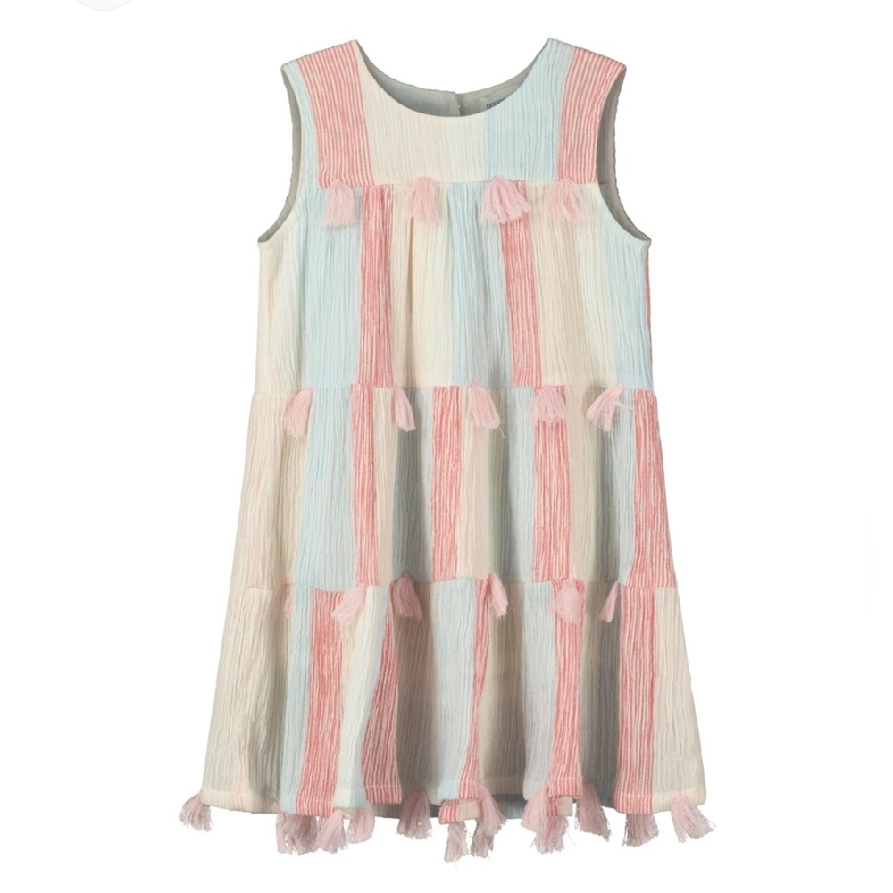 🌟POPPET AND FOX🌟 GIRLS TIERED GAUZE STRIPED DRESS WITH TASSELS SZ 6